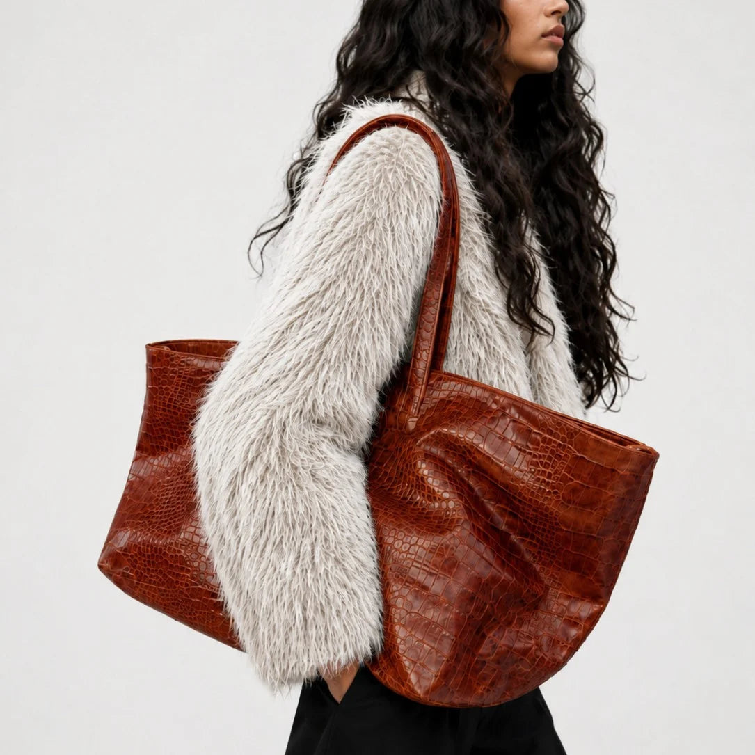 Tote Bag Large Capacity Crocodile Texture Zip Closure