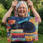 Tote Bag Quilted Cotton Blend Machine-Washable Black Cat Print