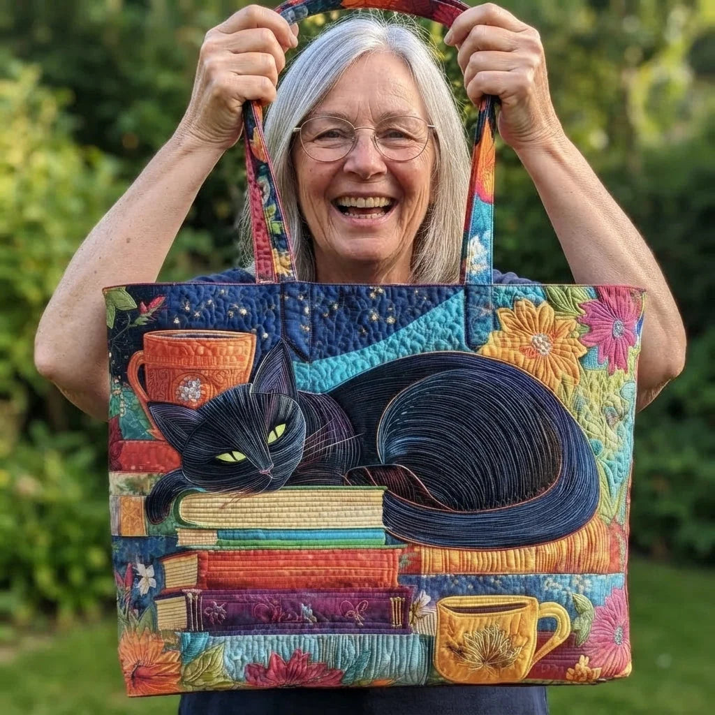 Tote Bag Quilted Cotton Blend Machine-Washable Black Cat Print