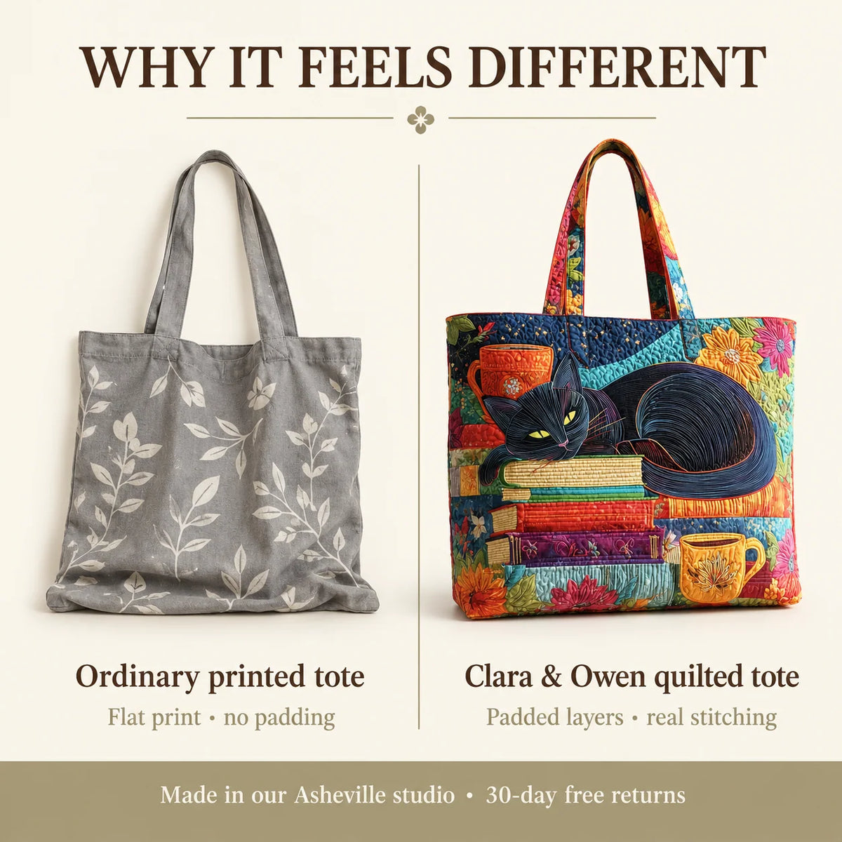 Tote Bag Quilted Cotton Blend Machine-Washable Black Cat Print