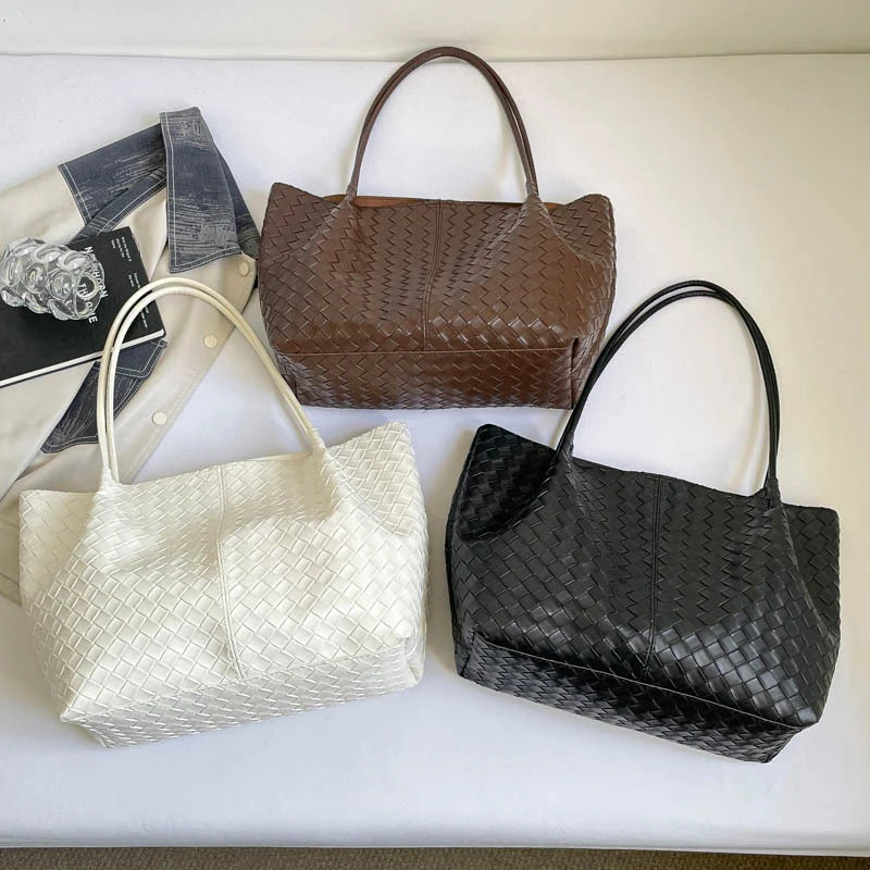 Tote Bag Woven Leather Matching Zip Pouch