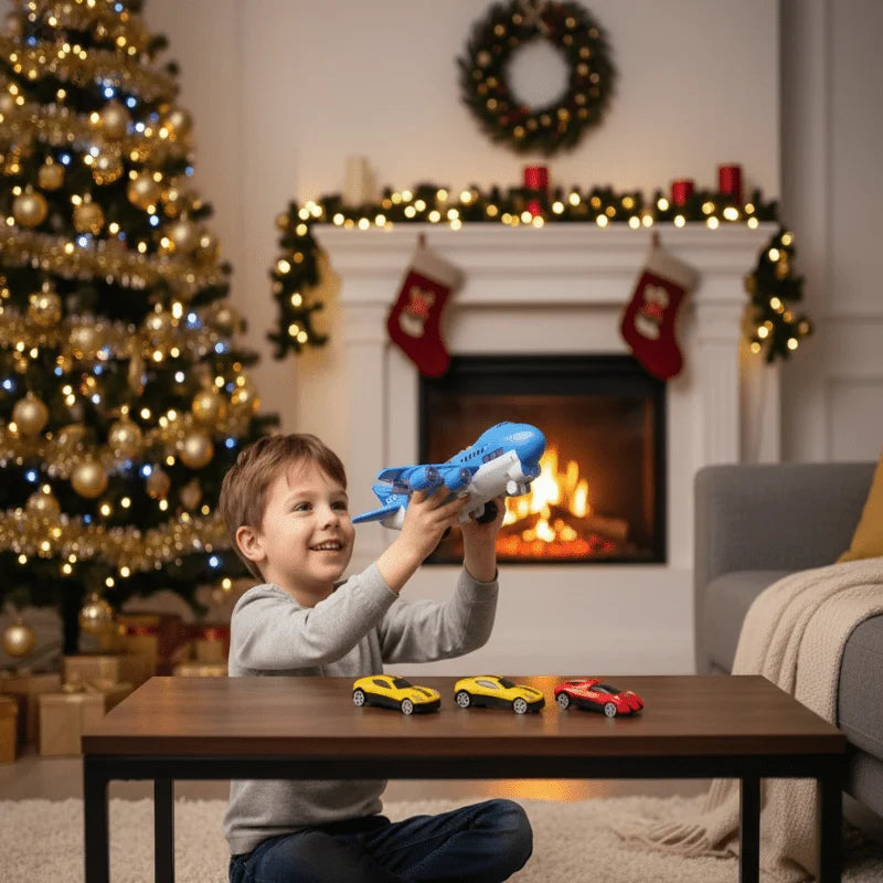 Toy Airplane Inertial Drive Lights & Music With 2 Mini Cars