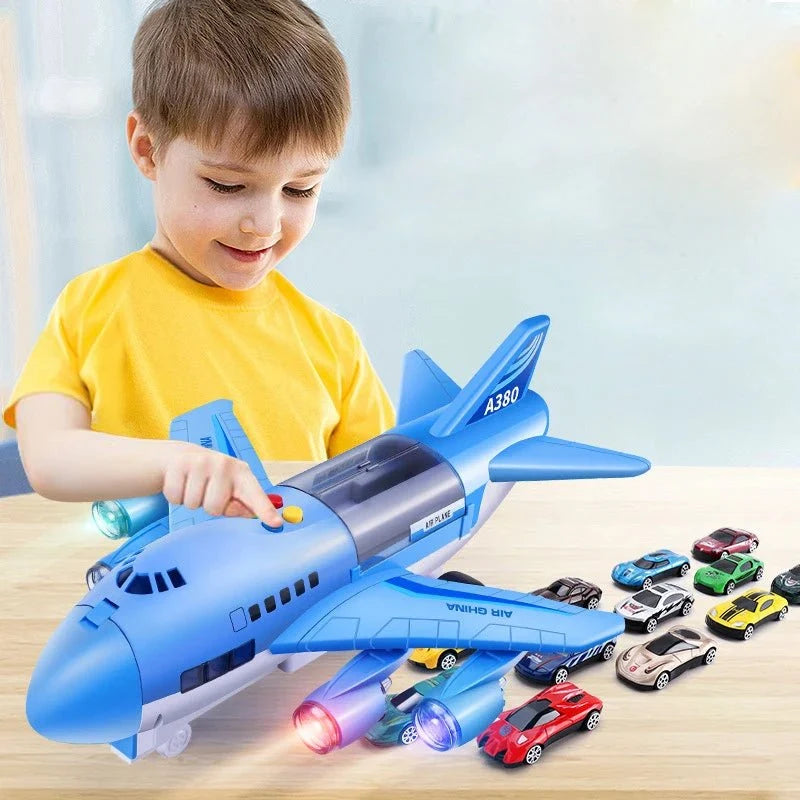 Toy Airplane Inertial Drive Lights & Music With 2 Mini Cars