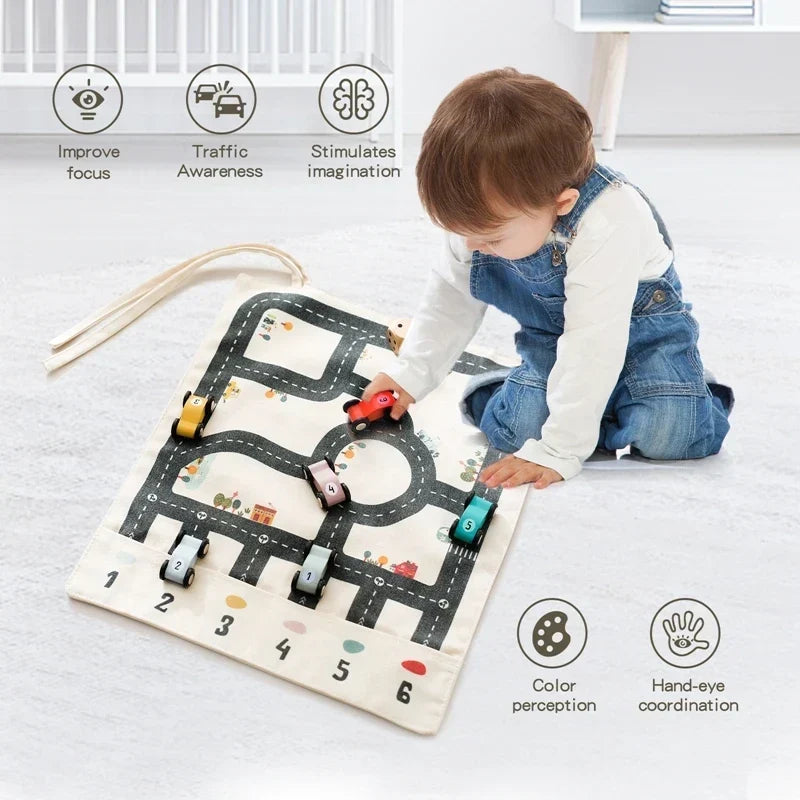 Traffic Play Set Wooden Cars & Dice Rollable Canvas Mat