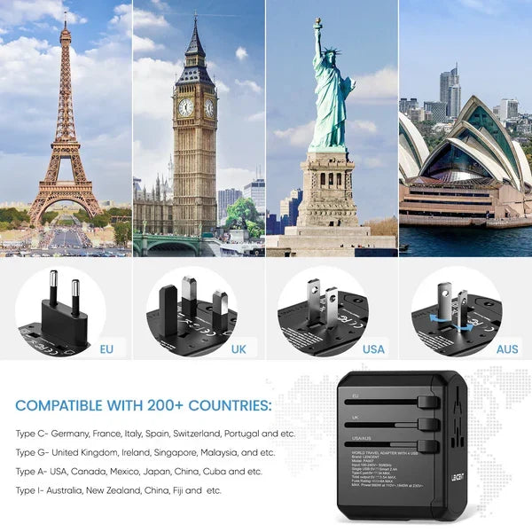 Travel Adapter 150+ Countries 4 USB Ports & AC Outlet