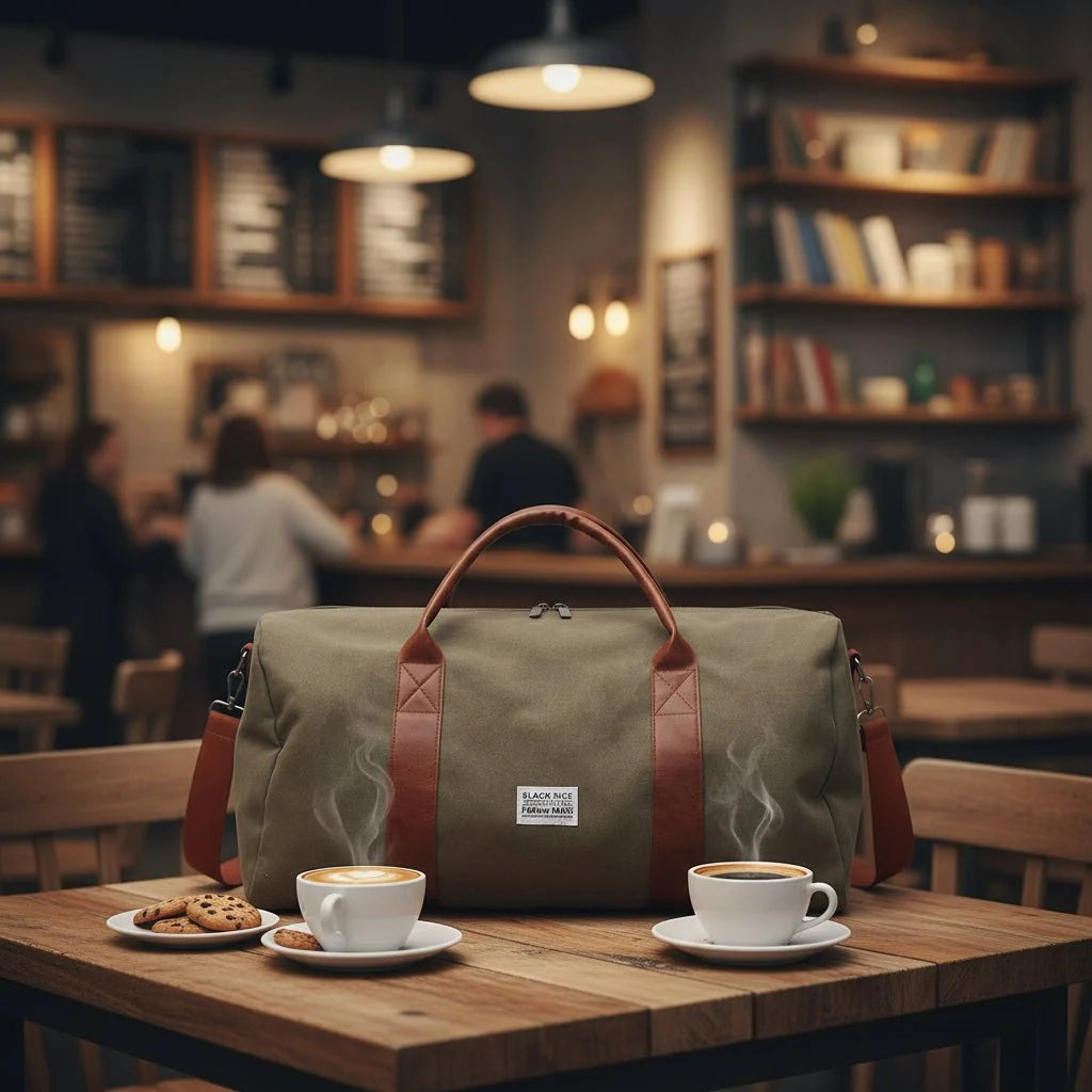 Travel Bag Washed Canvas Leather Details Multiple Pockets