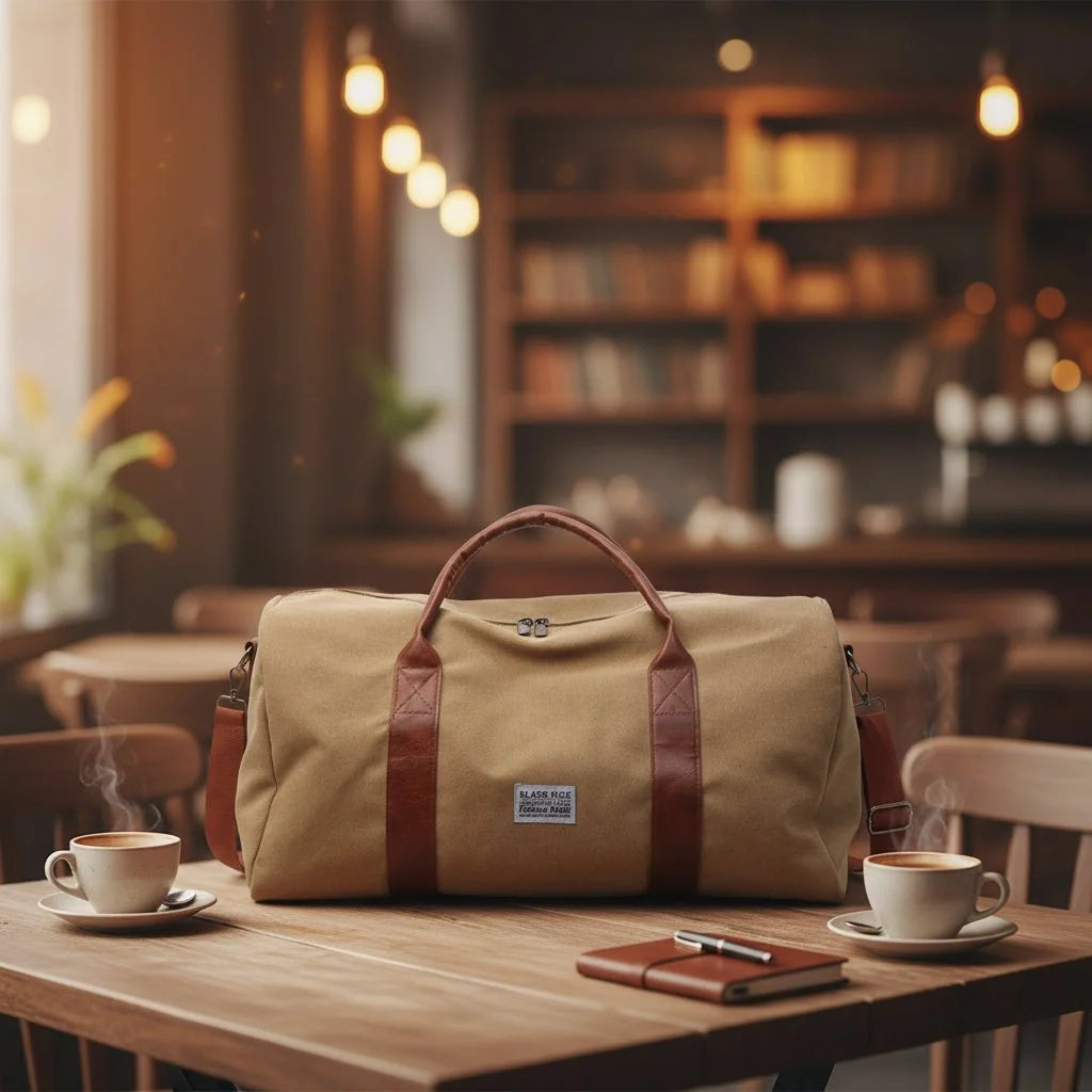 Travel Bag Washed Canvas Leather Details Multiple Pockets