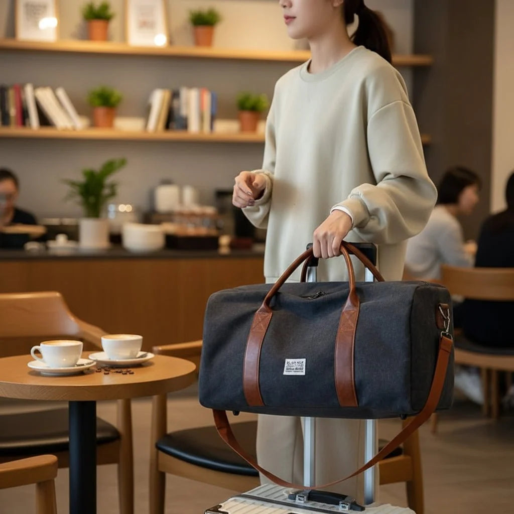 Travel Bag Washed Canvas Leather Details Multiple Pockets