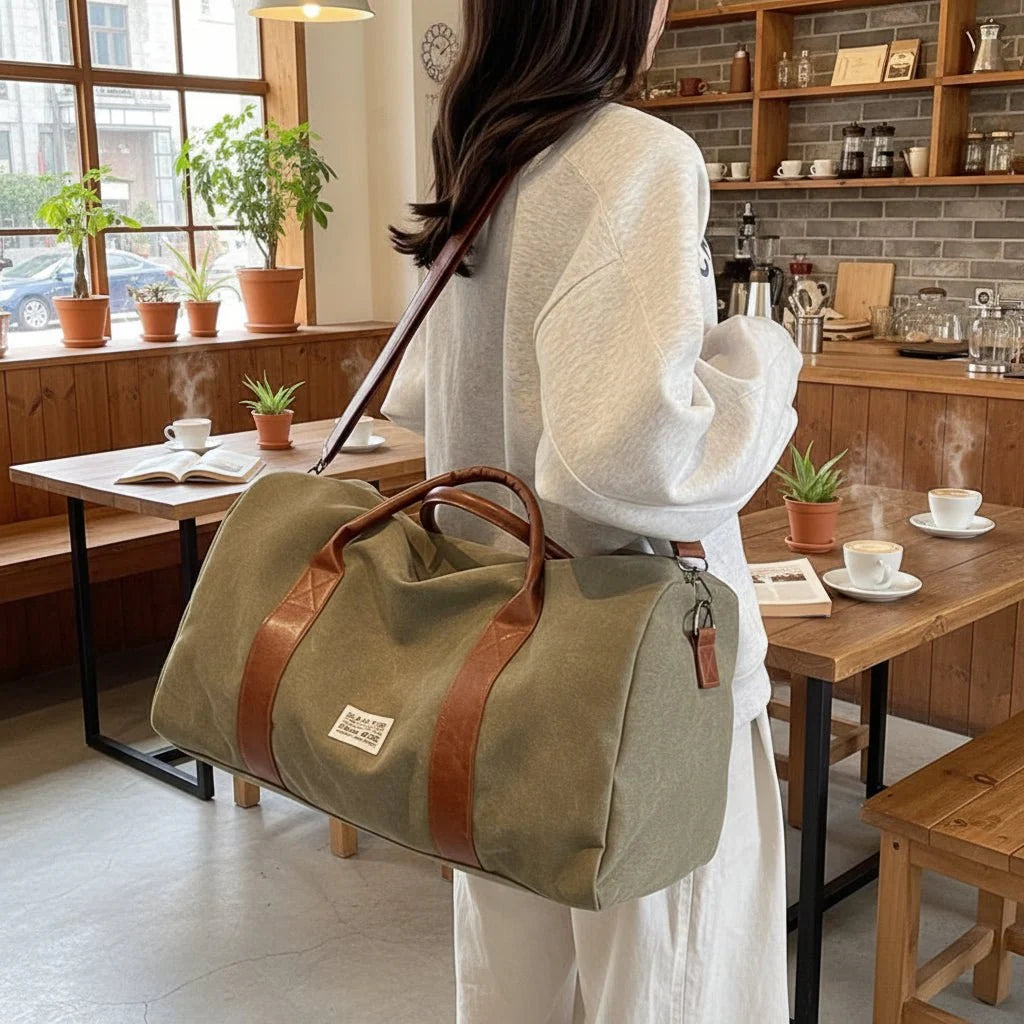 Travel Bag Washed Canvas Leather Details Multiple Pockets