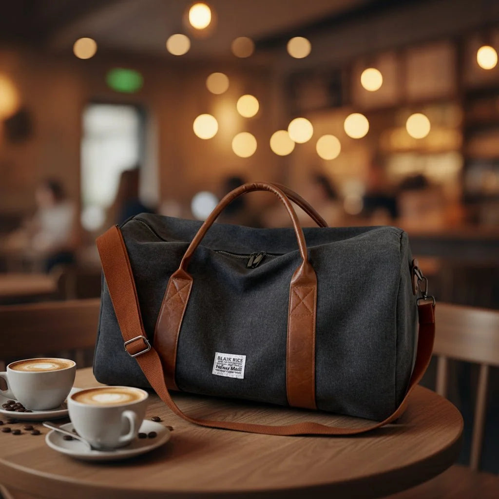Travel Bag Washed Canvas Leather Details Multiple Pockets