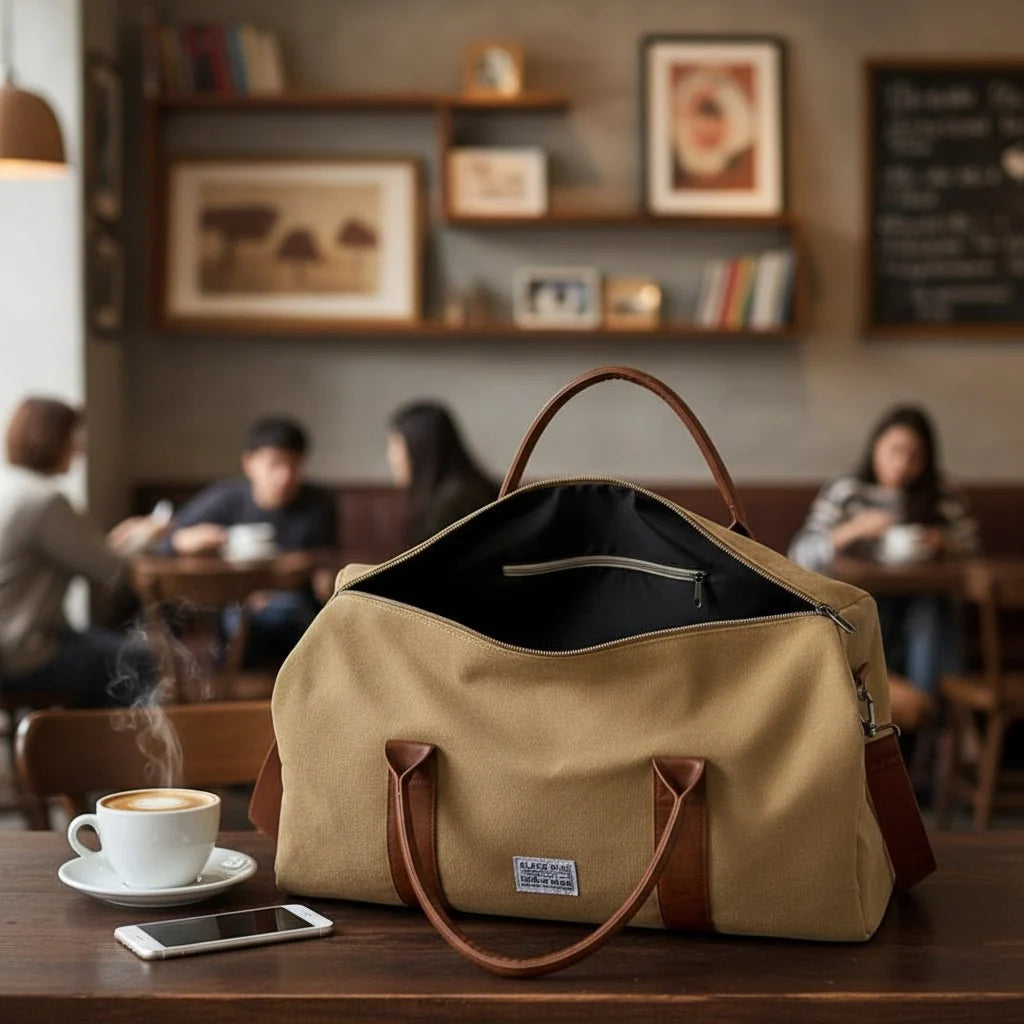 Travel Bag Washed Canvas Leather Details Multiple Pockets