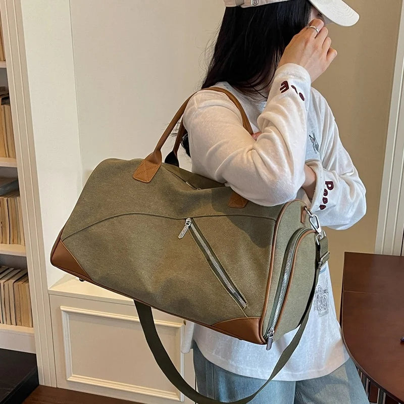 Travel Duffel Bag Durable Canvas Multiple Pockets & Adjustable Strap