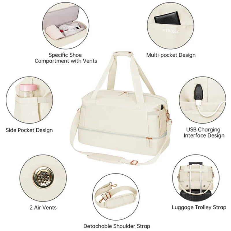 Travel Duffle Bag Multi-Pocket Water-Resistant Detachable Shoulder Strap