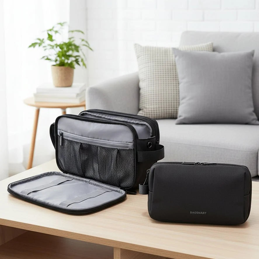 Travel Toiletry Bag Water-Repellent Fabric Double Zipper Multiple Pockets