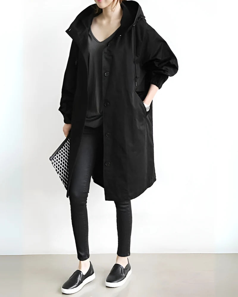 Trench Coat Hooded Warm Polyester Loose Fit