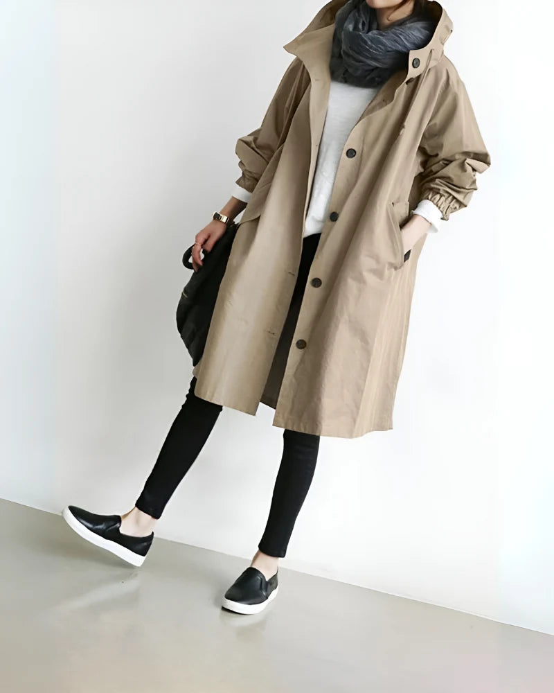 Trench Coat Hooded Warm Polyester Loose Fit