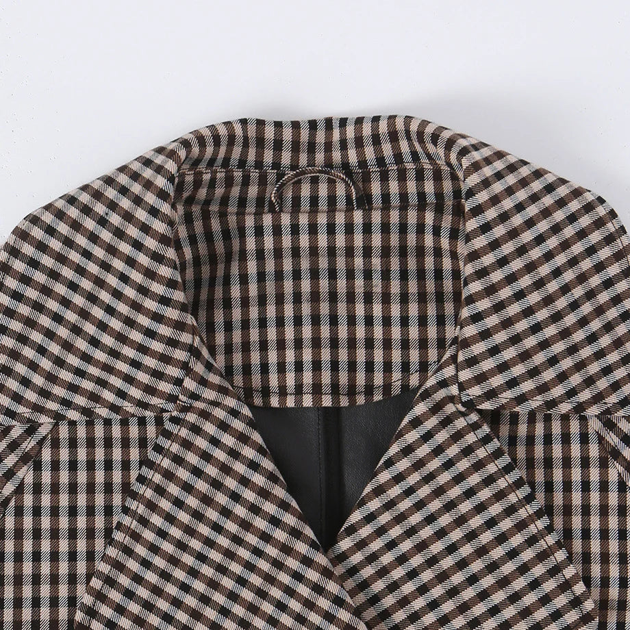 Trench Jacket Cropped Plaid Adjustable Drawstring Waist