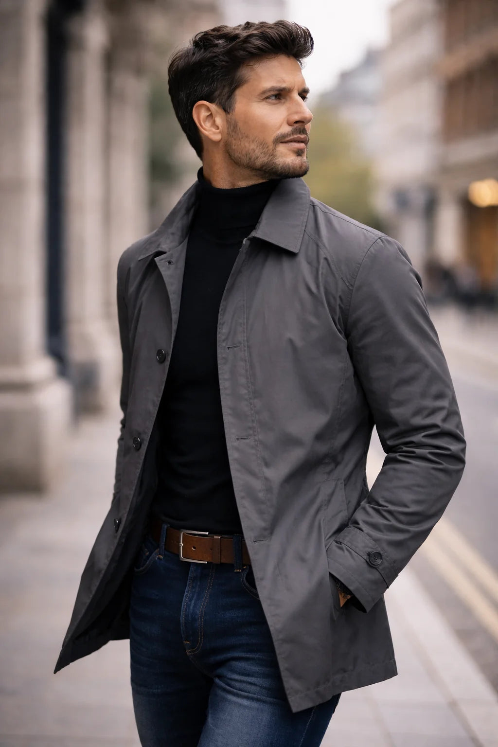 Trench Jacket Notched Lapel Button Front Mid-Thigh Length