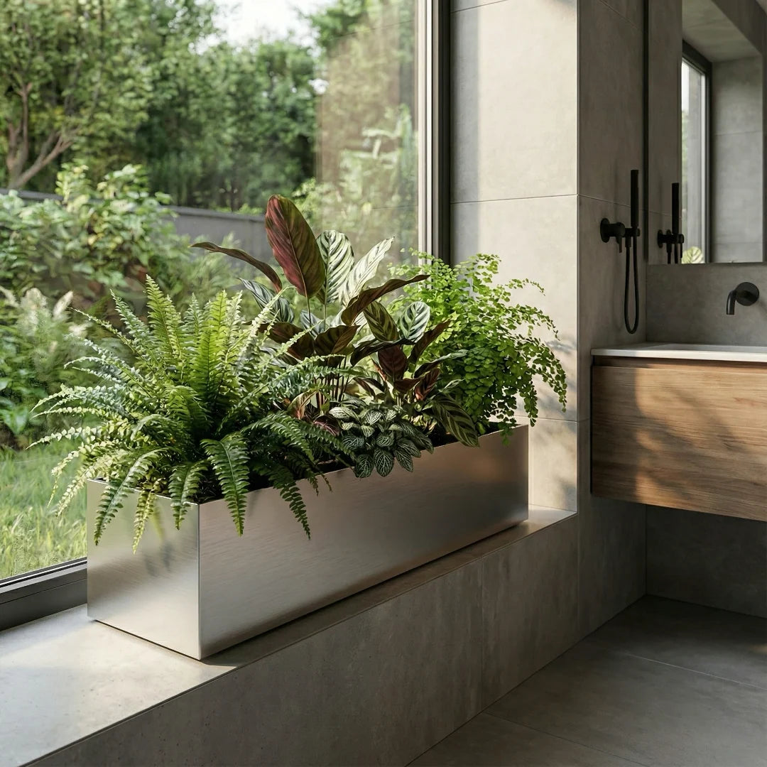 Trough Planter Brushed Aluminum 36 Inch Indoor Outdoor Drainage Holes