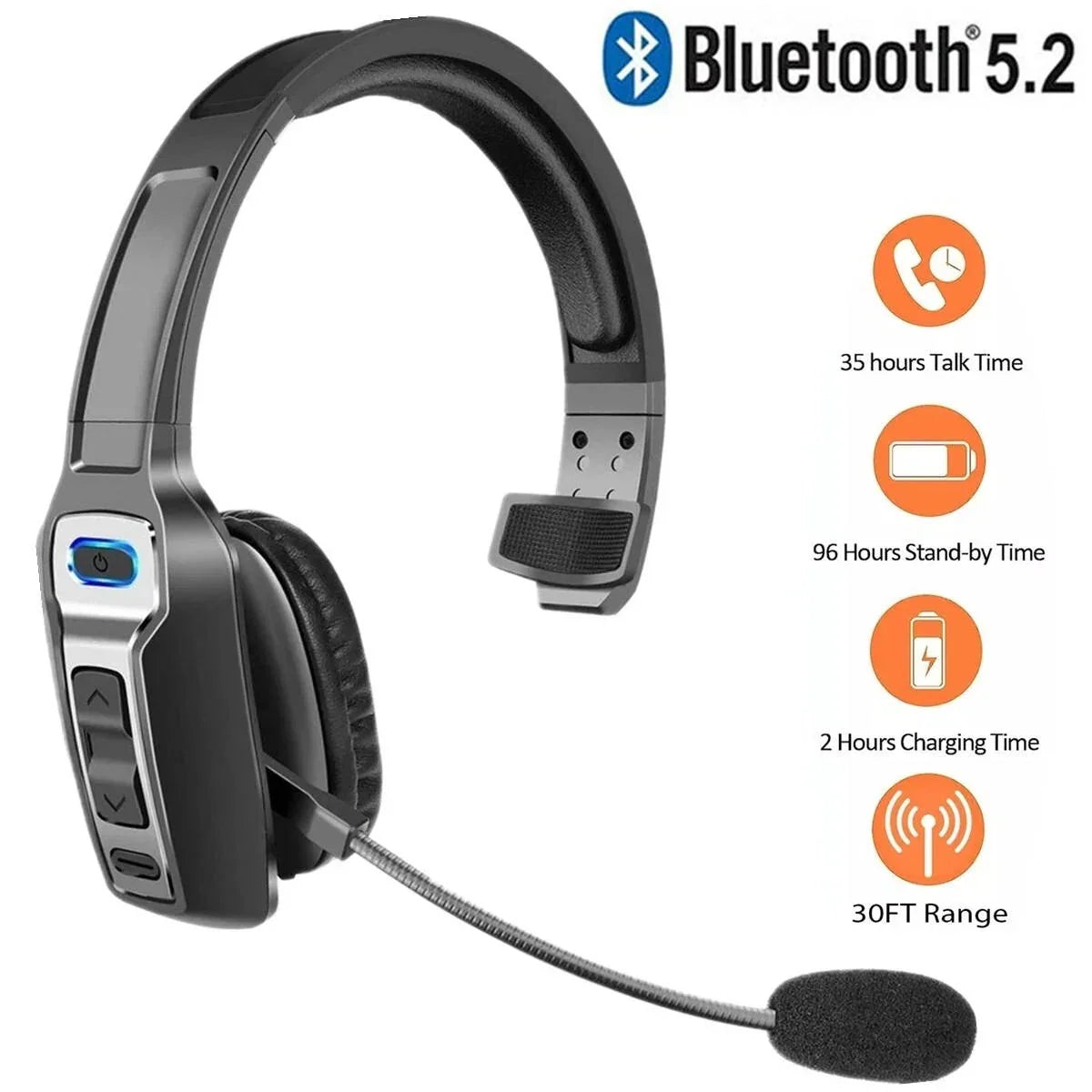 Trucker Headset Noise-Cancelling Boom Mic 35-Hour Talk Time