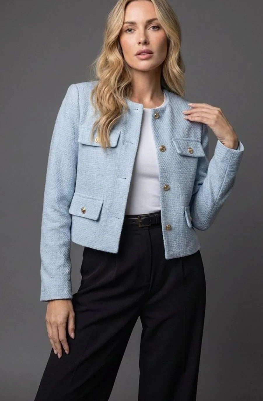 Tweed Blazer Collarless Cropped Gold Buttons Four Flap Pockets