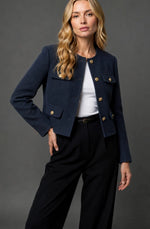 Tweed Blazer Collarless Cropped Gold Buttons Four Flap Pockets