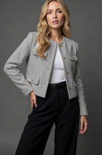 Tweed Blazer Collarless Cropped Gold Buttons Four Flap Pockets