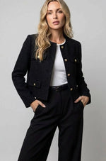 Tweed Blazer Collarless Cropped Gold Buttons Four Flap Pockets