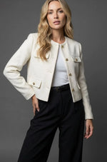 Tweed Blazer Collarless Cropped Gold Buttons Four Flap Pockets