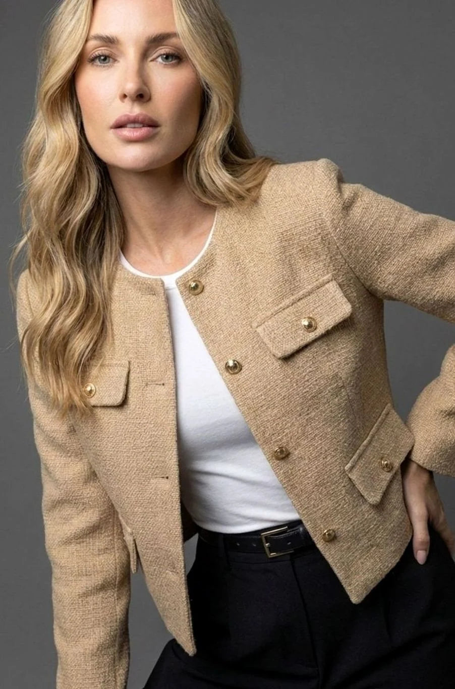Tweed Blazer Collarless Cropped Gold Buttons Four Flap Pockets