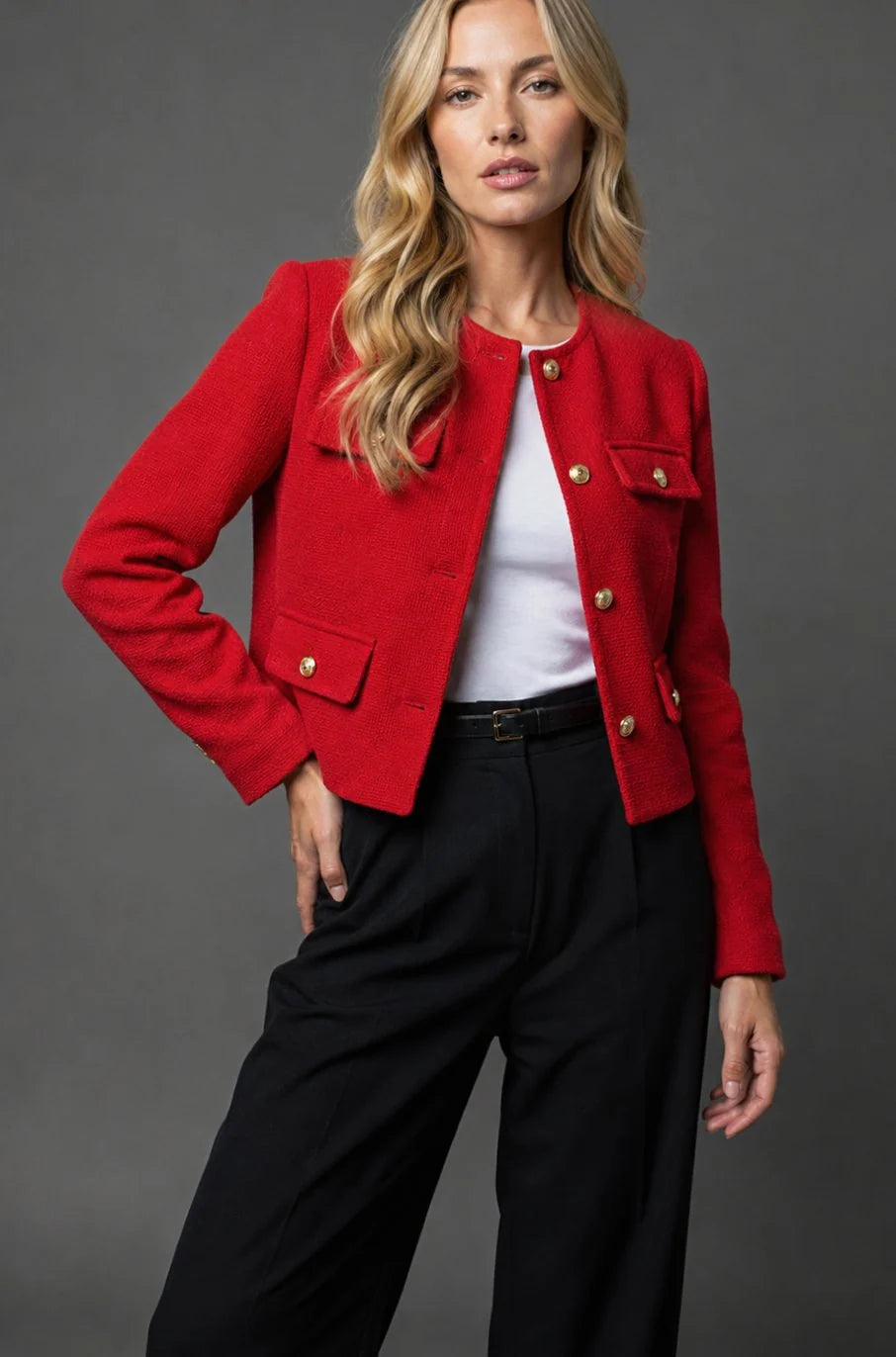 Tweed Blazer Collarless Cropped Gold Buttons Four Flap Pockets