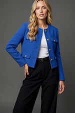Tweed Blazer Collarless Cropped Gold Buttons Four Flap Pockets