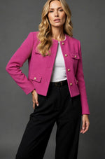 Tweed Blazer Collarless Cropped Gold Buttons Four Flap Pockets