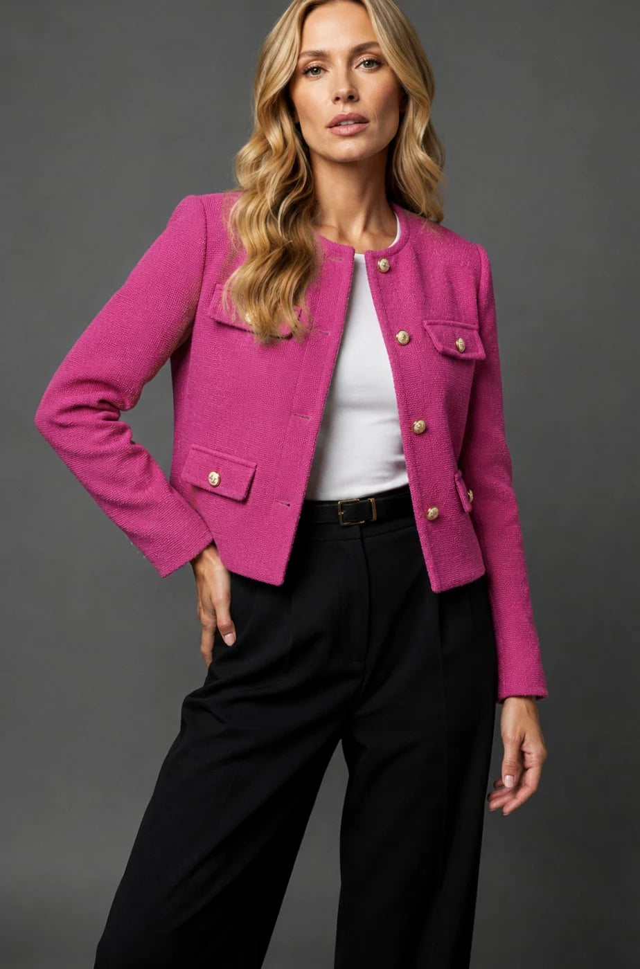 Tweed Blazer Collarless Cropped Gold Buttons Four Flap Pockets