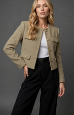 Tweed Blazer Collarless Cropped Gold Buttons Four Flap Pockets