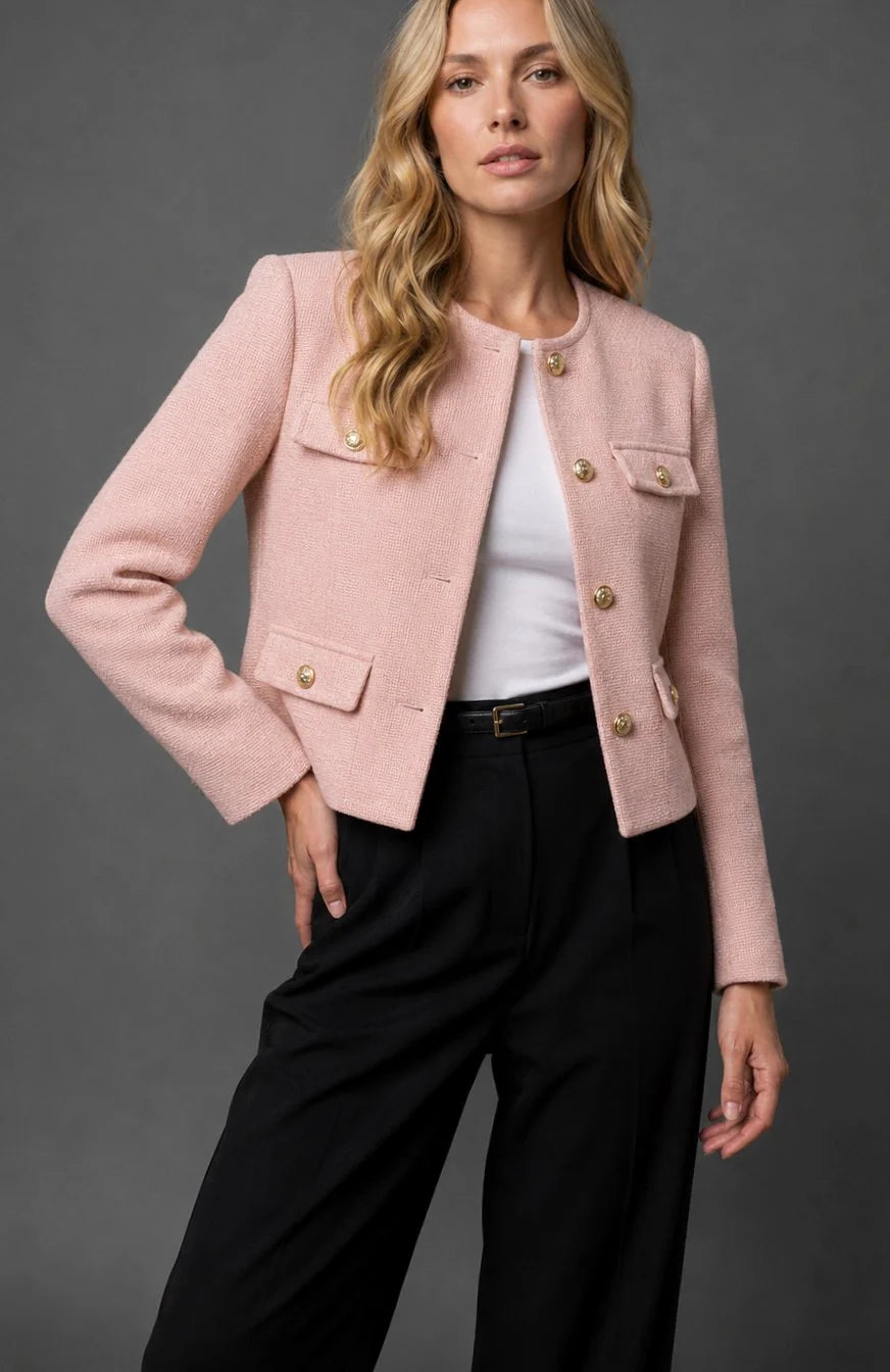 Tweed Blazer Collarless Cropped Gold Buttons Four Flap Pockets