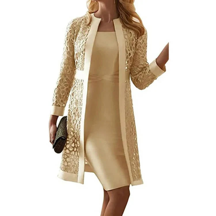 Two-Piece Dress Set Floral Lace Jacket Knee-Length Sheath