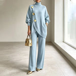 Two-Piece Knit Set Asymmetric Button Top Wide-Leg Pants