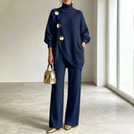Two-Piece Knit Set Asymmetric Button Top Wide-Leg Pants