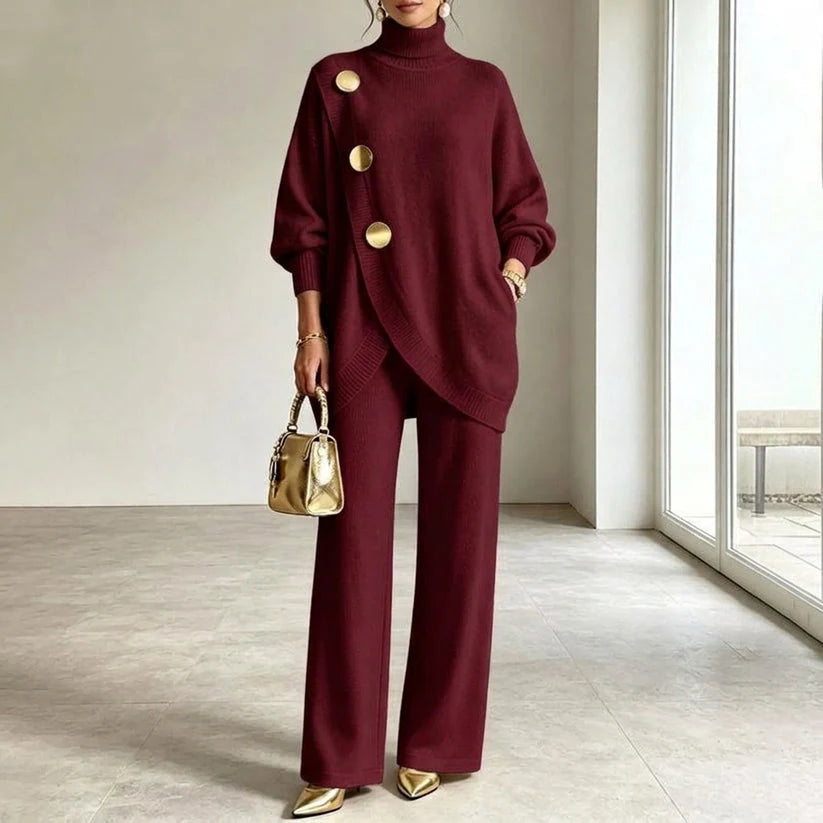 Two-Piece Knit Set Asymmetric Button Top Wide-Leg Pants