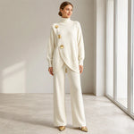 Two-Piece Knit Set Asymmetric Button Top Wide-Leg Pants