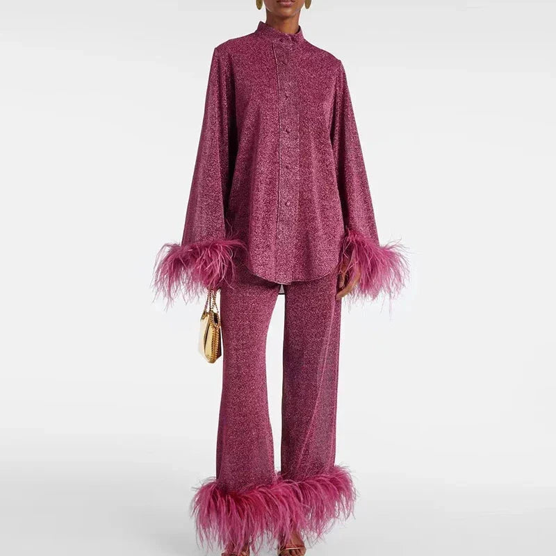 Two-Piece Outfit Glitter Finish & Feather Trim