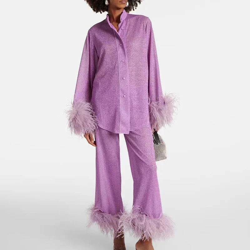 Two-Piece Outfit Glitter Finish & Feather Trim