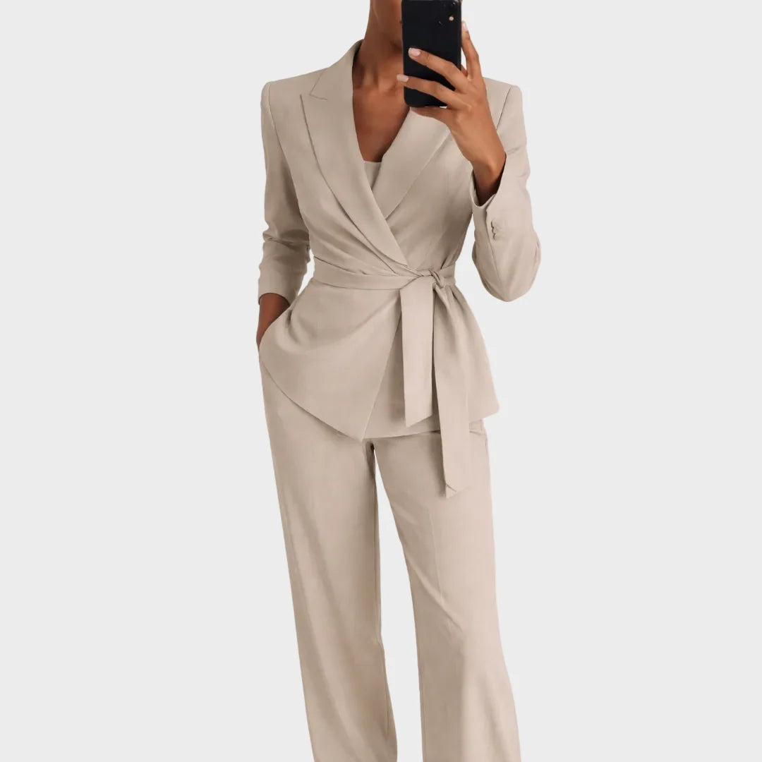Two-Piece Suit Adjustable Tie Waist Wide-Leg Trousers