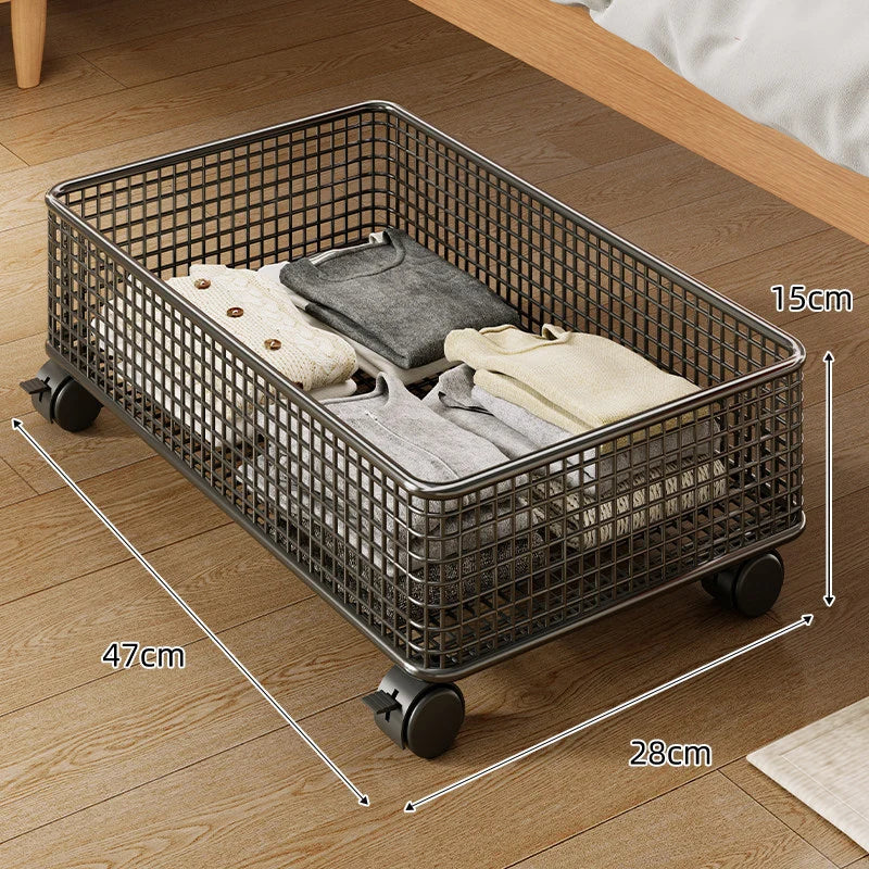 Under-Bed Storage Basket Low-Profile Metal Mesh Stackable