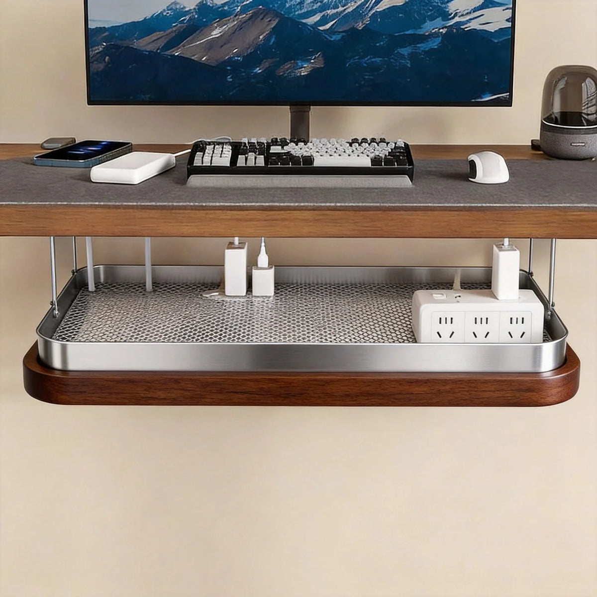 Under-Desk Cable Management Tray Adjustable Clamp Mount Adjustable Length