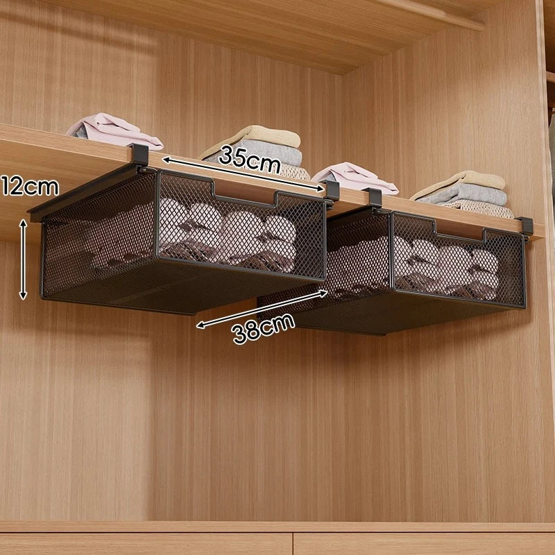 Under-Shelf Basket Organizer Pull-Out Rust-Resistant Metal Mesh Clamp-On Mounting