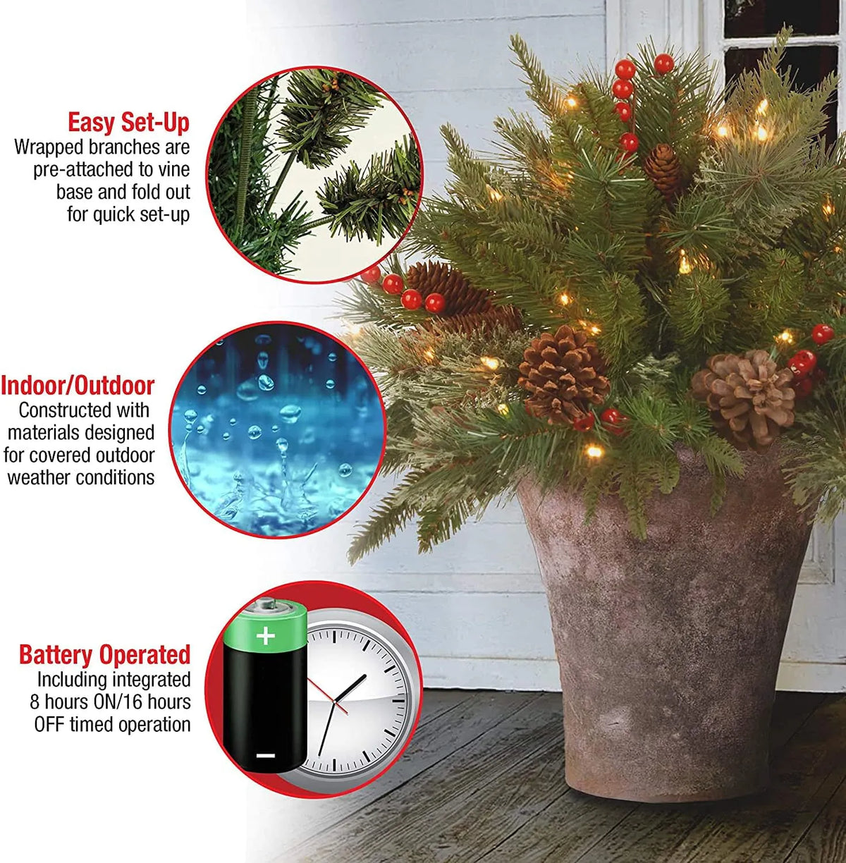Urn Filler Evergreen Battery-Powered LEDs With Timer