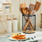 Utensil Holder 360° Rotating Wooden Base Non-Slip Feet