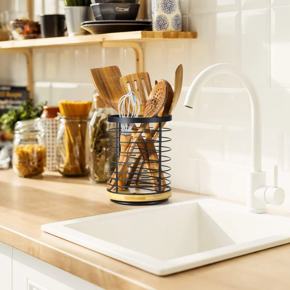Utensil Holder 360° Rotating Wooden Base Non-Slip Feet